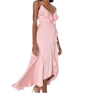 Lulus Glowing Arrival Blush Pink Ruffled Wrap Midi Dress Size Small NWT
